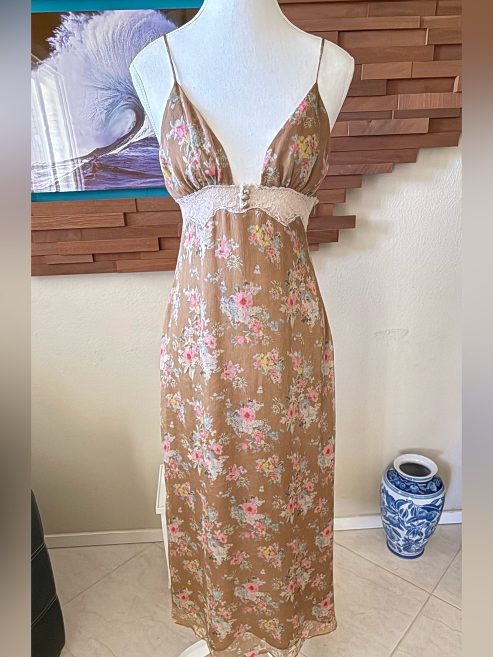 Zara Olive Green Floral Lace-Trim Slip Dress